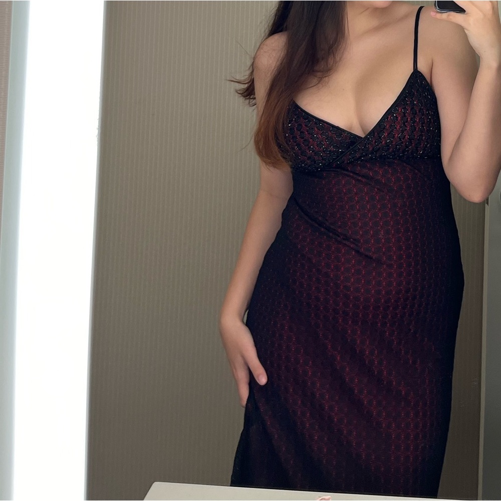 Vintage Y2K Women's Red Black Lace Beaded Maxi Dress
